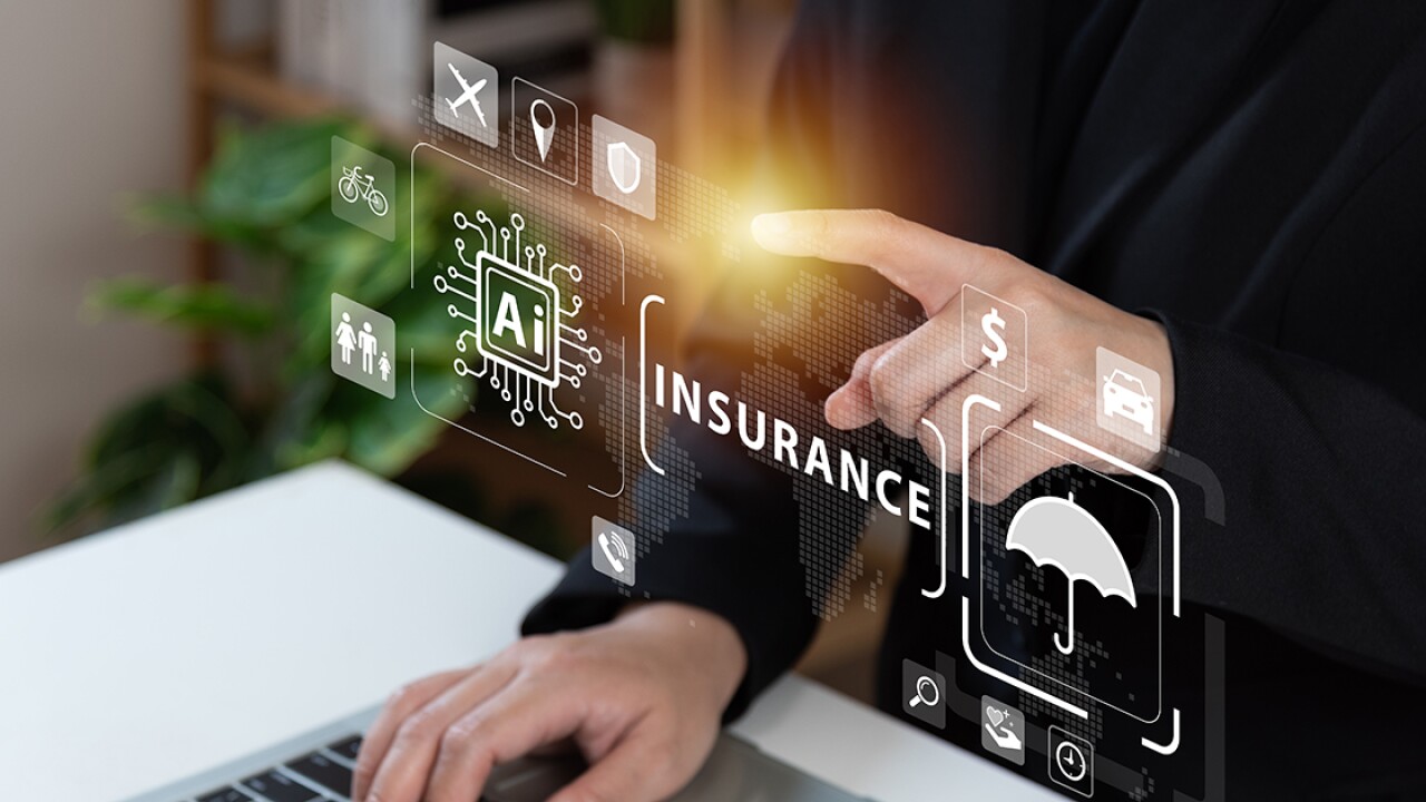 Floating graphic of AI, insurance, an umbrella showing coverage and a man's hands pointing to the images.