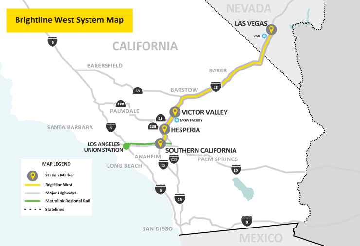 Map of proposed Las Vegas to suburban Los Angeles route of Brightline West bullet train.