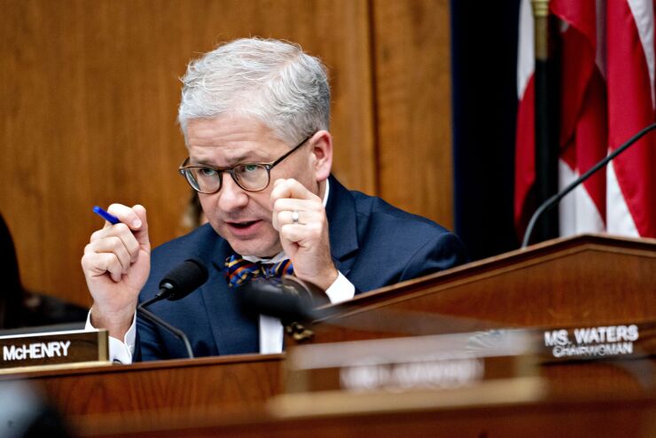Representative Patrick McHenry, a Republican from North Carolina and ranking member of the House Financial Services Committee, speaks during a hearing with Steven Mnuchin, U.S. Treasury secretary, not pictured, in Washington, D.C., U.S., on Thursday, Dec. 5, 2019. Mnuchin said he and the Federal Reserve Chairman dont expect the U.S. to create a digital currency.