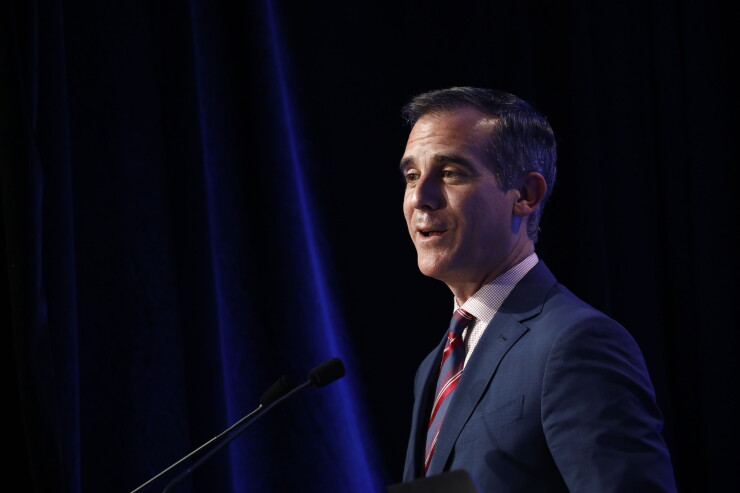 Eric Garcetti, mayor of Los Angeles, speaks during the Milken Institute Global Conference in Beverly Hills, California, U.S., on Monday, April 30, 2018.