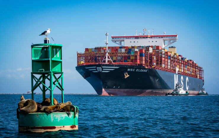 The Mediterranean Shipping Co. (MSC) Eloane container ship arrives at the Port of Los Angeles in Los Angeles, California, U.S., on Wednesday, March 13, 2019. The Eloane is the largest container ship to ever call in the U.S. At 1,312 feet long and 193 feet wide, it can carry 19,500 containers.