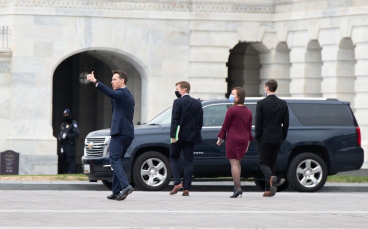 Republican Sen. Josh Hawley of Missouri encouraged protestors outside the U.S. Capitol building last Wednesday before the riots began.