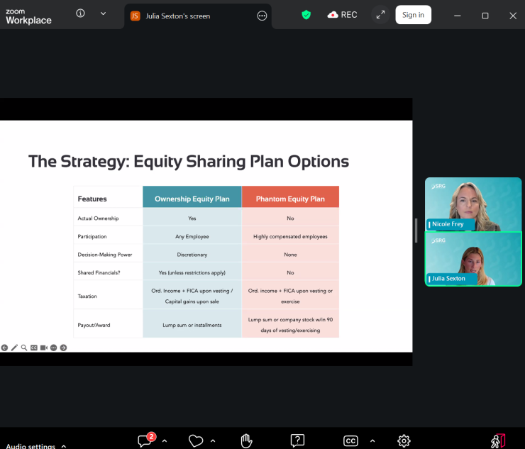 A screenshot from a webinar led by Nicole Frey and Julia Sexton of Succession Resource Group displays the two main options for paying financial advisors and other advisory practice employees in company stock.