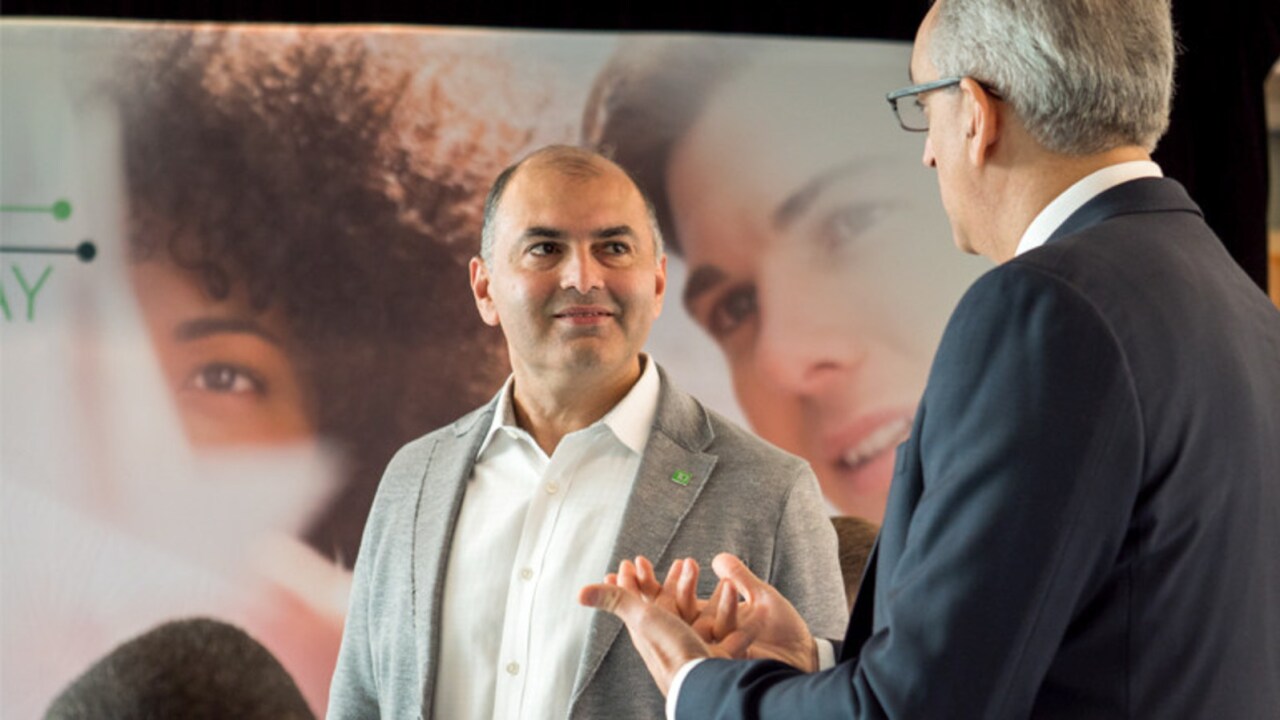 Rizwan Khalfan (left), an executive VP at TD Bank, and Zor Gorelov, CEO of Kasisto, TD’s partner in developing a chatbot. They are working together on an AI-based virtual assistant for TD's mobile app. (fall 2017)