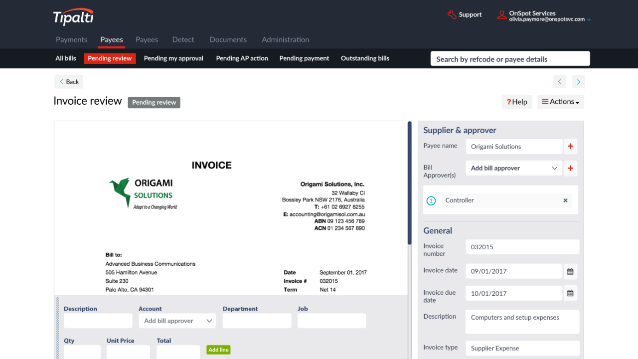 Tipalti touchless invoice