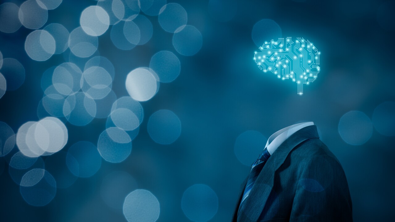 Illustrating artificial intelligence with a digital brain in place of a head atop a suit.