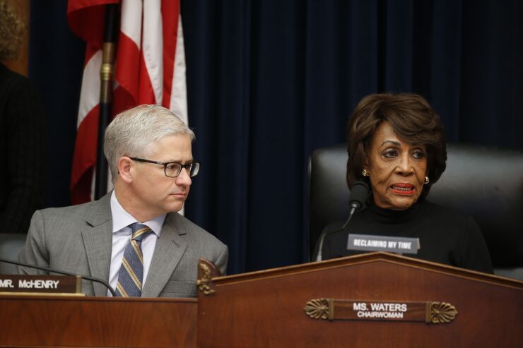 Rep. Patrick McHenry, R-N.C., left, and Rep. Maxine Waters, D-Calif., chairwoman of the House Financial Services Committee