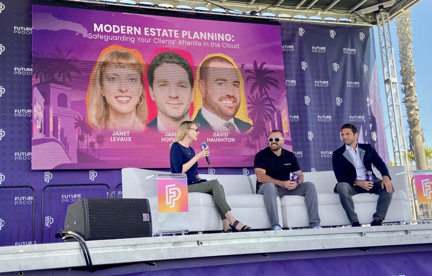From left: The "Modern Estate Planning: Safeguarding Your Clients' Afterlife in the Cloud" panel at this week's Future Proof Festival in Huntington Beach, California was moderated by Janet Levaux, editor-in-chief of ThinkAdvisor, and featured panelists Dave Haughton Sr., corporate counsel for Wealth.com, and Jamie Hopkins, CEO of Bryn Mawr Trust.