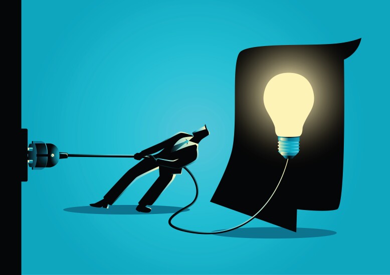 Illustration of a businessman pulling the plug on a giant idea lightbulb.