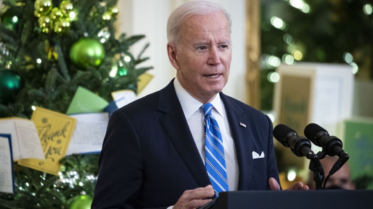 U.S. President Joe Biden speaks before awarding the Medal of Honor during a ceremony in the East Room of the White House in Washington, D.C., U.S., on Thursday, Dec. 16, 2021. Biden awarded the medal to Sergeant First Class Alwyn C. Cashe, Sergeant First Class Christopher Celiz, and Master Sergeant Earl Plumlee for conspicuous gallantry.