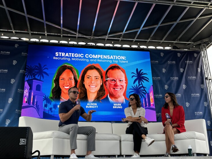From left to right, Mark Bruno of Emigrant Partners, Alison Burkett of Snowden Lane Partners and Shannon Spotswood of RFG Advisory spoke at a panel at this week’s Future Proof conference in Huntington Beach, California.