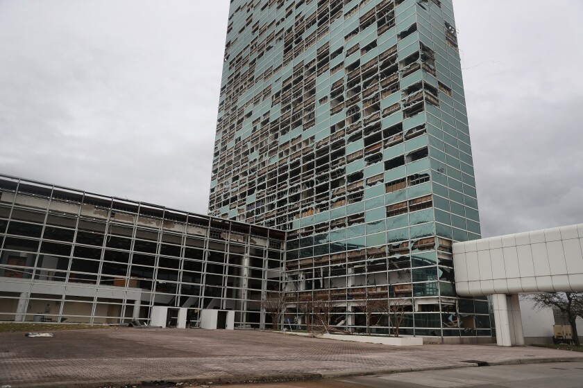 The Capital One Tower in Lake Charles had a number of windows blown out from Hurricane Laura.