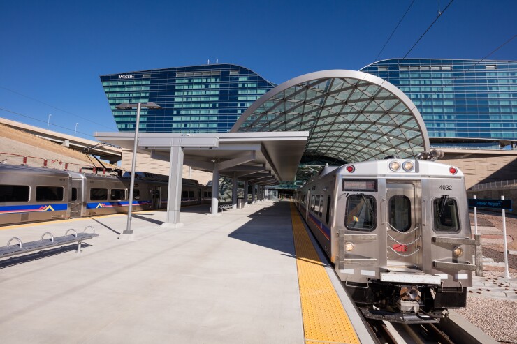 The Regional Transportation District's commuter rail line connects to an airport station at the Westin Hotel.