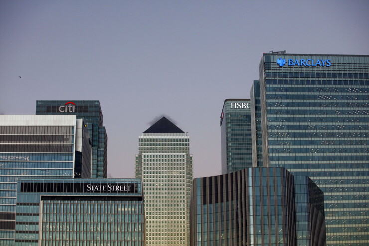 The offices of global financial institutions, including Citigroup, State Street, Barclays and HSBC stand in the Canary Wharf financial district of London.