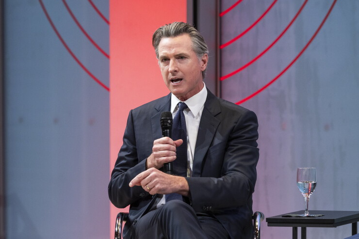 California Gov. Gavin Newsom at the opening of Climate Week in New York Sept. 17, 2023.