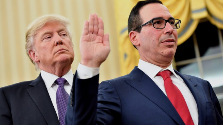 President Donald Trump swearing in Treasury Secretary Steven Mnuchin