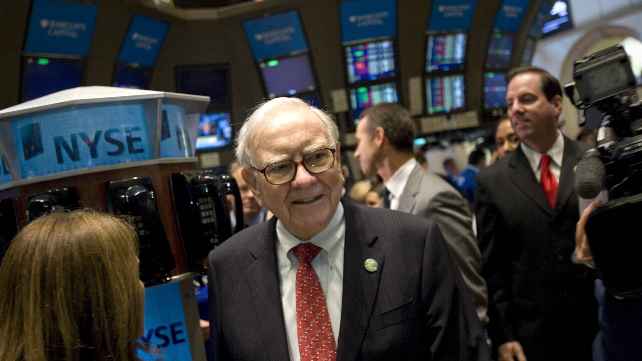 A picture of Warren Buffett on the floor of the New York Stock Exchange in 2011.