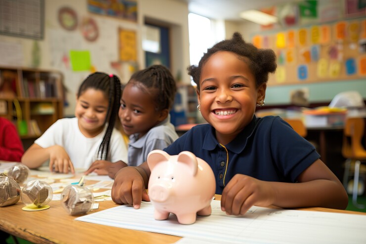 Portrait of smiling girl with piggy bank in classroom