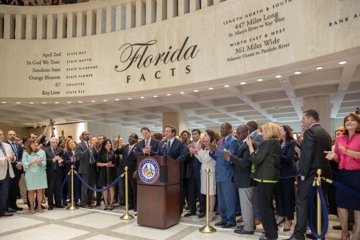 Florida Gov. Ron DeSantis addresses lawmakers on the last day of the legislative session on May 4.