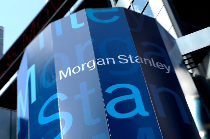 Morgan Stanley signage is displayed at their headquarters in New York.