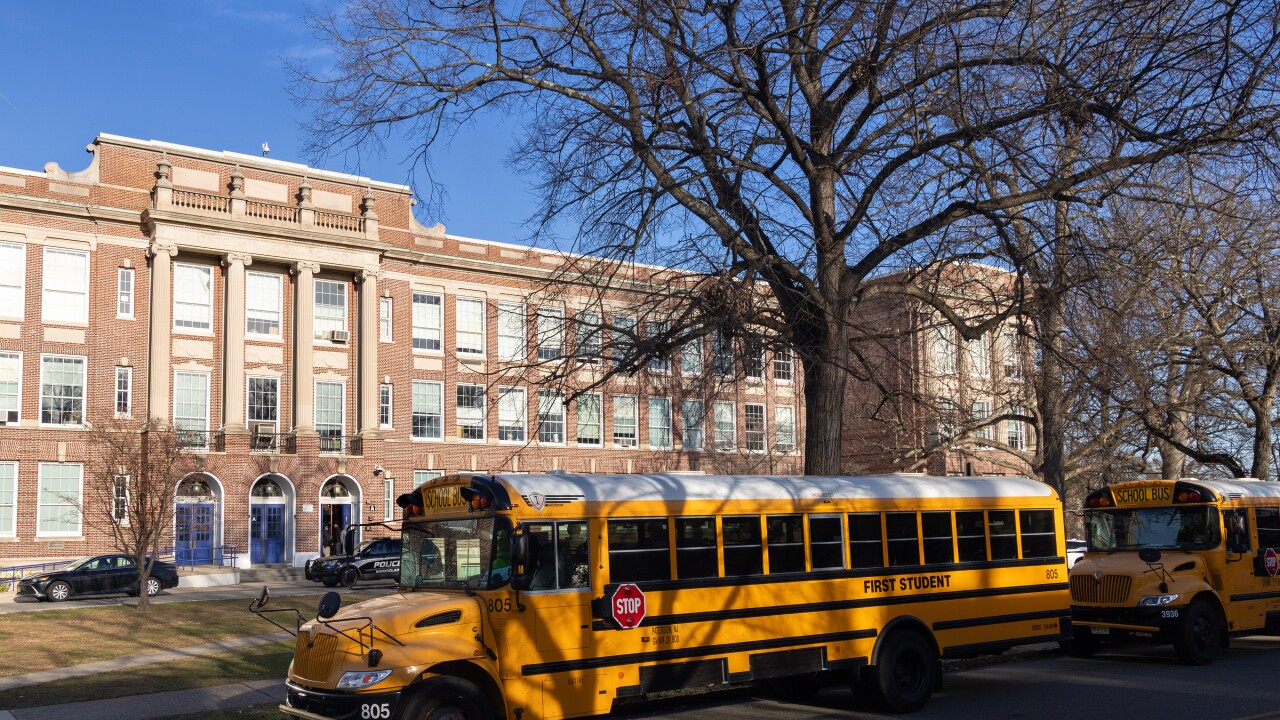School buses outside Montclair High School in Montclair, New Jersey