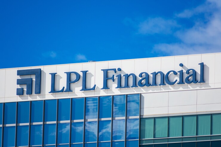 LPL Financial sign logo on modern office building of LPL Financial Holdings Inc company - San Diego, California, USA - 2020