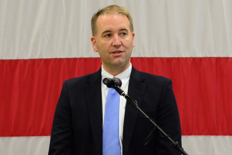 Oregon Treasurer Tobias Read speaks during a mobilization ceremony honoring Oregon Army National Guard Soldiers on Sept. 29, 2017, in Salem, Oregon.