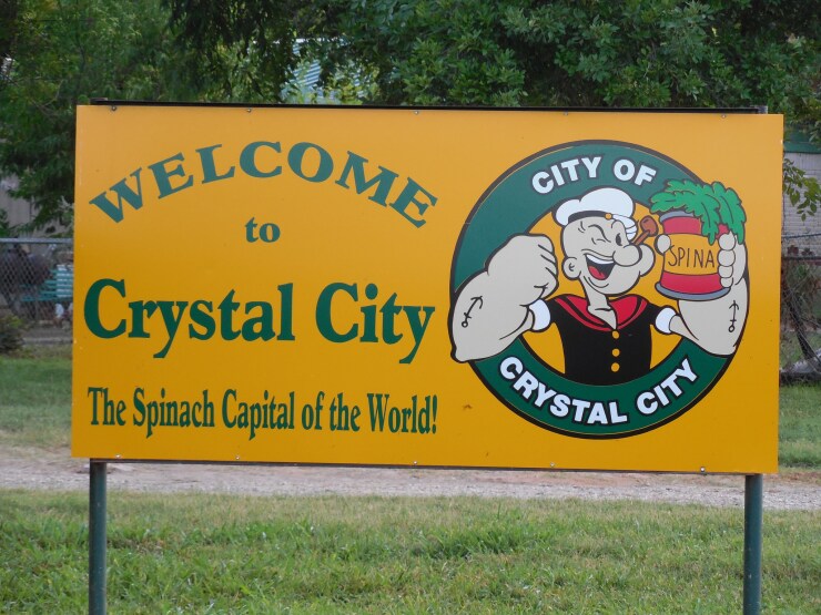 Sign welcoming visitors to Crystal City, Texas