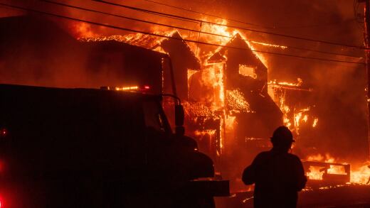 Homes on fire in the wake of the Los Angeles fires earlier this month.