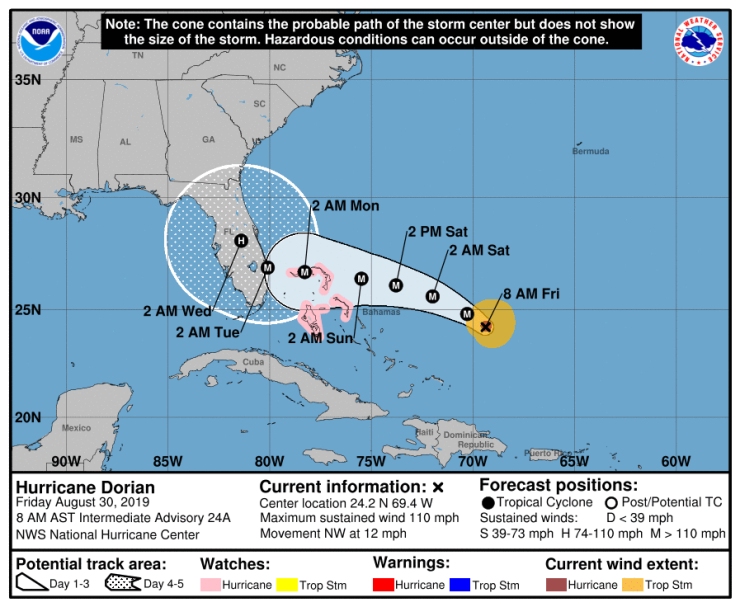 This National Hurricane Center chart shows the projected path of Hurricane Dorian as of 8 a.m. Aug. 30.