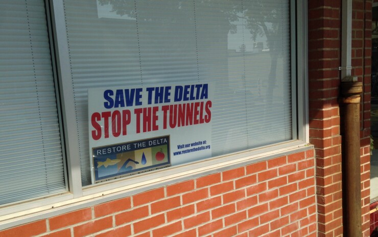 An anti-Delta California WaterFix tunnels sign in the Delta community of Rio Vista in August 2016.