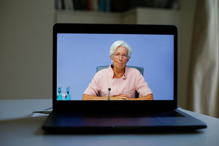 A laptop displays Christine Lagarde, president of the European Central Bank (ECB), during a live stream video