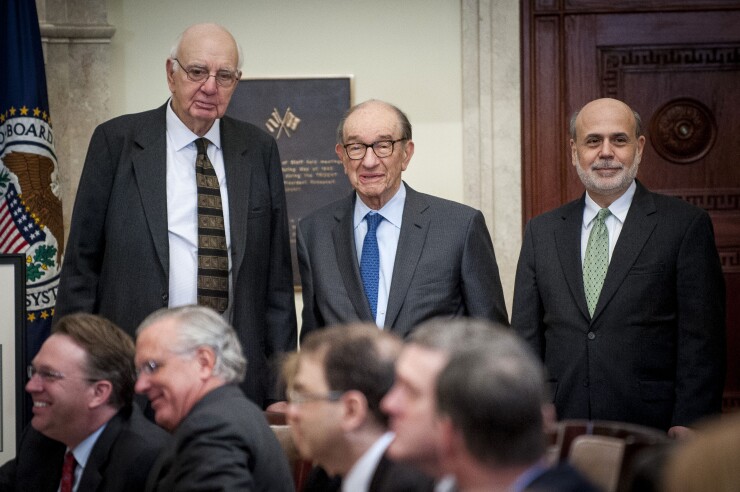 A picture of former Federal Reserve chairmen Paul Volcker, Alan Greenspan, and Ben Bernanke.