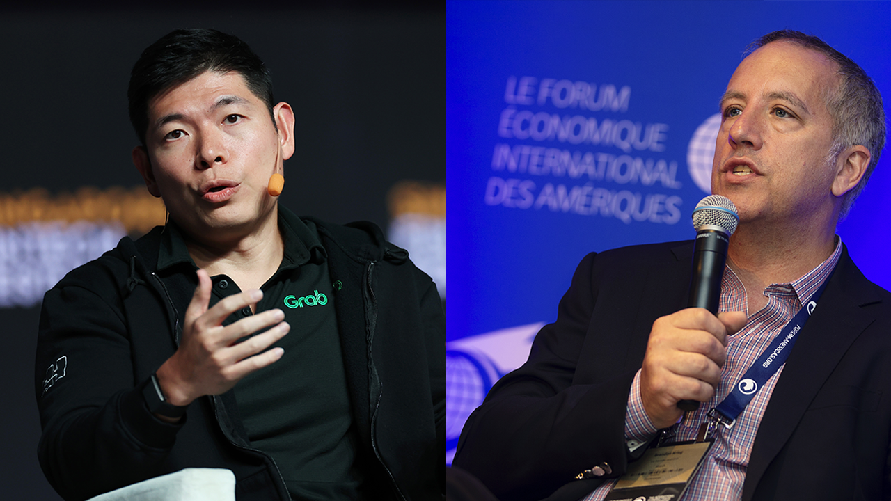 Split view of Grab CEO Anthony Tan in a polo and jacket and Stash CEO Brandon Krieg in a suit, both speaking at events.