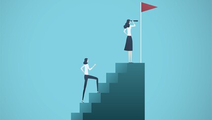 Illustration showing two women ascending stairs to look off in the distance through a telescope.