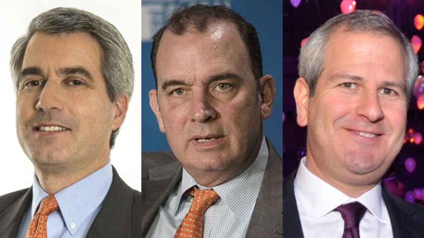 Discover’s Roger Hochschild, left, says the card lender stands ready to help customers whose incomes are interrupted. Curtailed travel could weaken demand for commercial loans, says Wells Fargo’s John Shrewsberry, center. Morgan Stanley’s Jonathan Pruzan says that his firm will feel the impact if the threat persists.