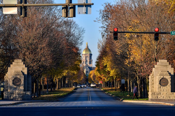 The entrance to the University of Notre Dame campus in South Bend, Indiana