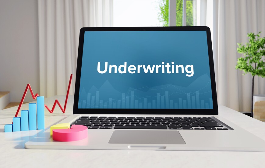 Underwriting – Statistics/Business. Laptop in the office with term on the Screen. Finance/Economy.