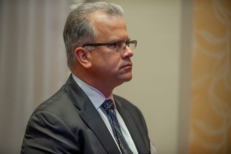 Rhode Island House Speaker Nick Mattiello addresses the Rhode Island Manufacturing Association on May 9, 2018 in Lincoln.