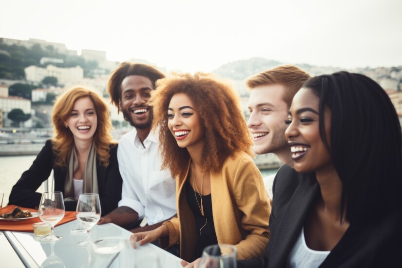 Group of men and women on boat, smiling, eating and drinking