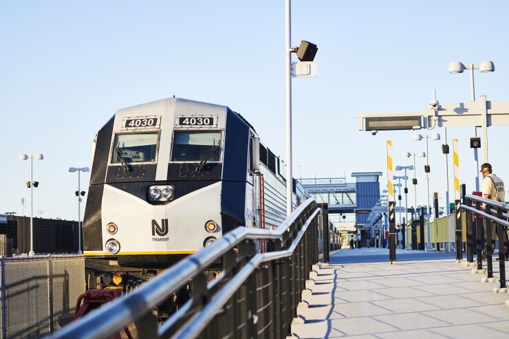 A New Jersey Transit train arrives at the Meadowlands stop in East Rutherford, New Jersey, U.S., on Thursday, Aug. 29, 2019