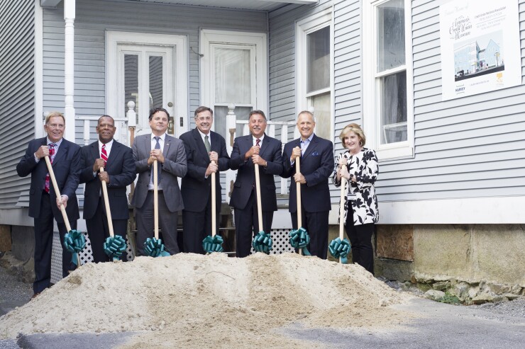 America's Credit Union Museum groundbreaking ceremony. From left to right: Richard L. Ensweiler, retired CEO of Cornerstone Credit Union League, Michael Ray, CEO of Hoya Federal Credit Union, Peter J. Lemire, Esq., Ronald H. Covey, Jr., president and CEO of St. Mary’s Bank, Michael L’Ecuyer, Chairman of the ACUM Board and president and CEO of Bellwether Community Credit Union, Jim Nussle, president and CEO of Credit Union National Association, and Patricia Lynott, SVP, Academic Affairs, Southern NH University.