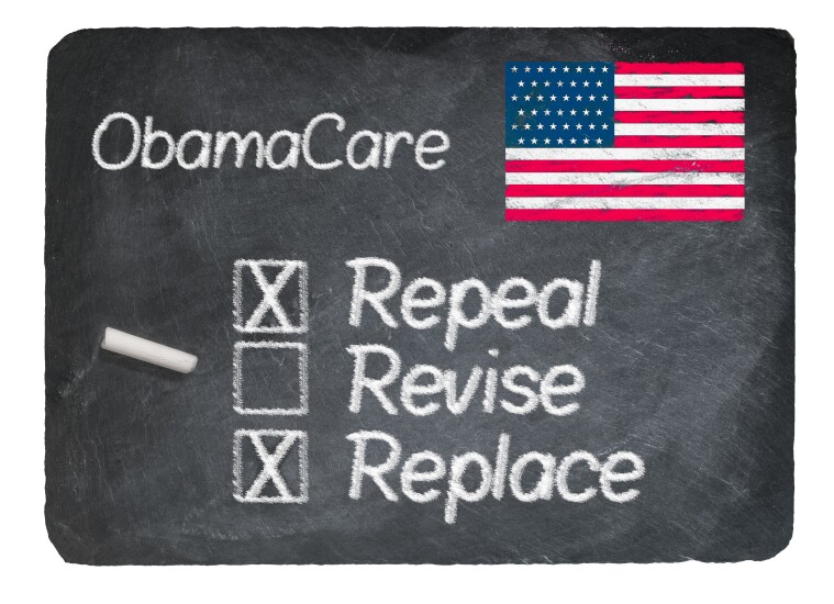 Chalkboard showing repeal, revise and replace options for Obamacare.