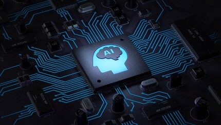 AI conceptual illustration of AI chip on circuit board