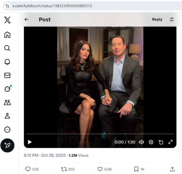 A screenshot from X (formerly Twitter) shows Samantha and Kyle Busch's statement about their allegations against Pacific Life and indexed universal life insurance.