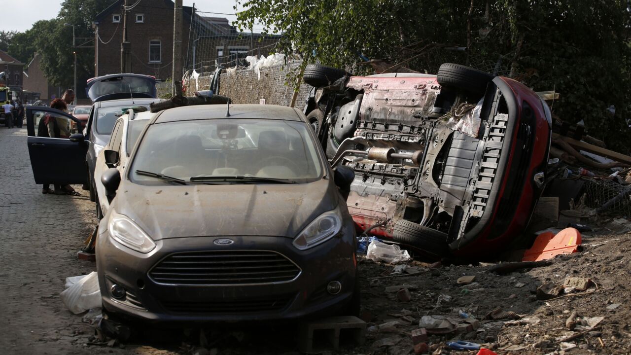 Wrecked vehicles caused by flooding in Chenee, Belgium, on Monday, July 19, 2021. "The EU is ready to help," European Commission President Ursula von der Leyen said on Twitter and that “Affected countries can call on the EU Civil Protection Mechanism." Photographer: Valeria Mongelli/Bloomberg