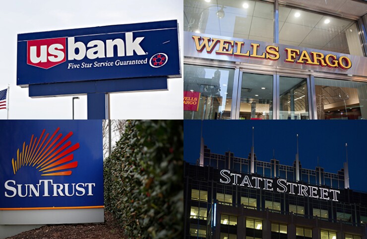 Composite image showing signage for U.S. Bank, Wells Fargo, State Street and Suntrust.