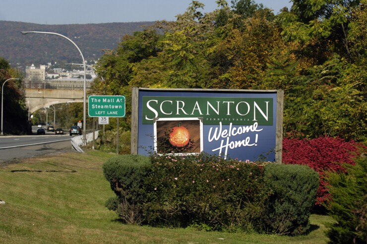 A sign welcomes visitors to Scranton, Pennsylvania, U.S., on Sunday, Oct. 12, 2008.