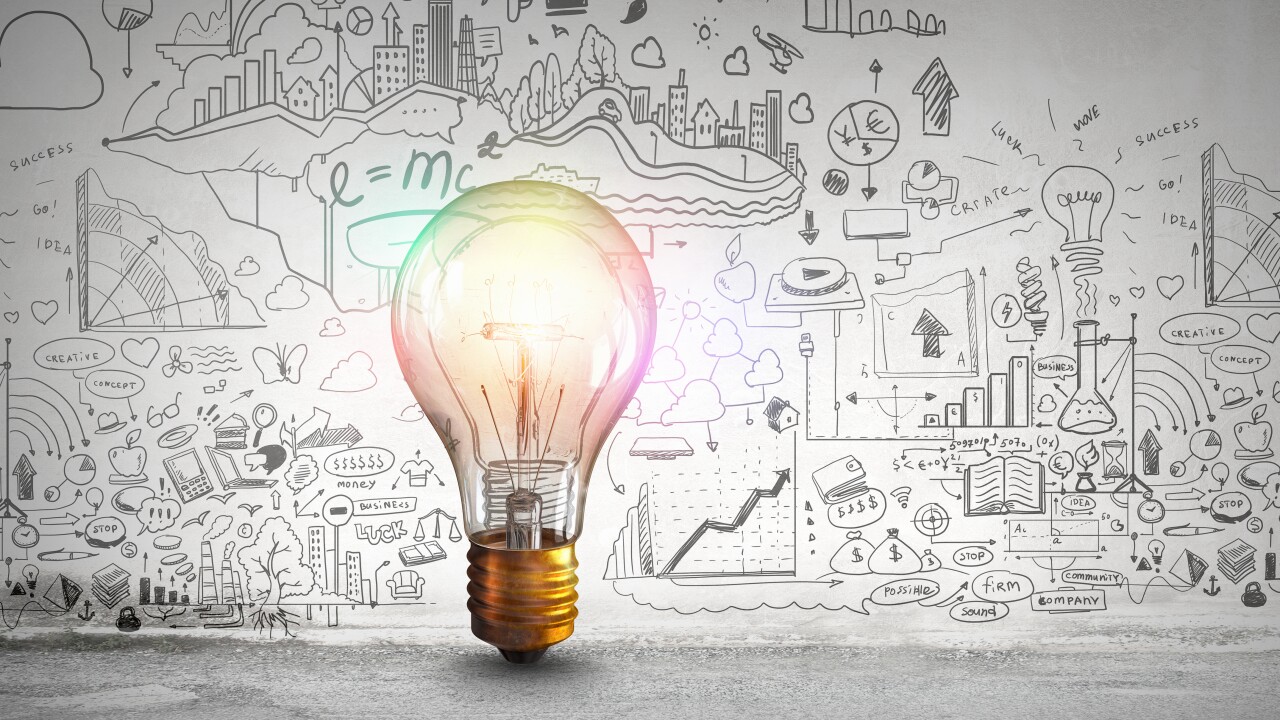 In an illustration, a lightbulb appears in front of a whiteboard filled with graphs, charts and other projections, symbolizing business marketing and growth strategies