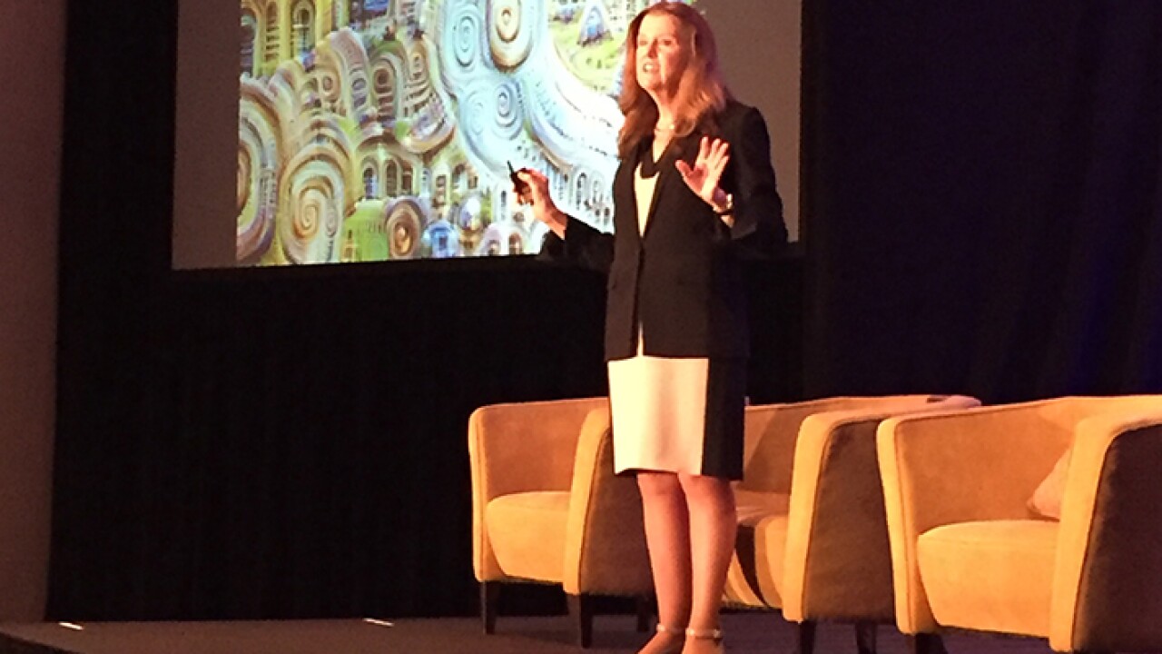 Jo Ann Barefoot, CEO of Barefoot Innovation Group, speaking at SourceMedia's RegTech conference in Brooklyn.